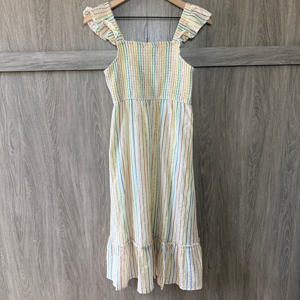 Hello Franki Midi‎ Dress Girls XL 14 White Rainbow Metallic Stripe Smocked Boho